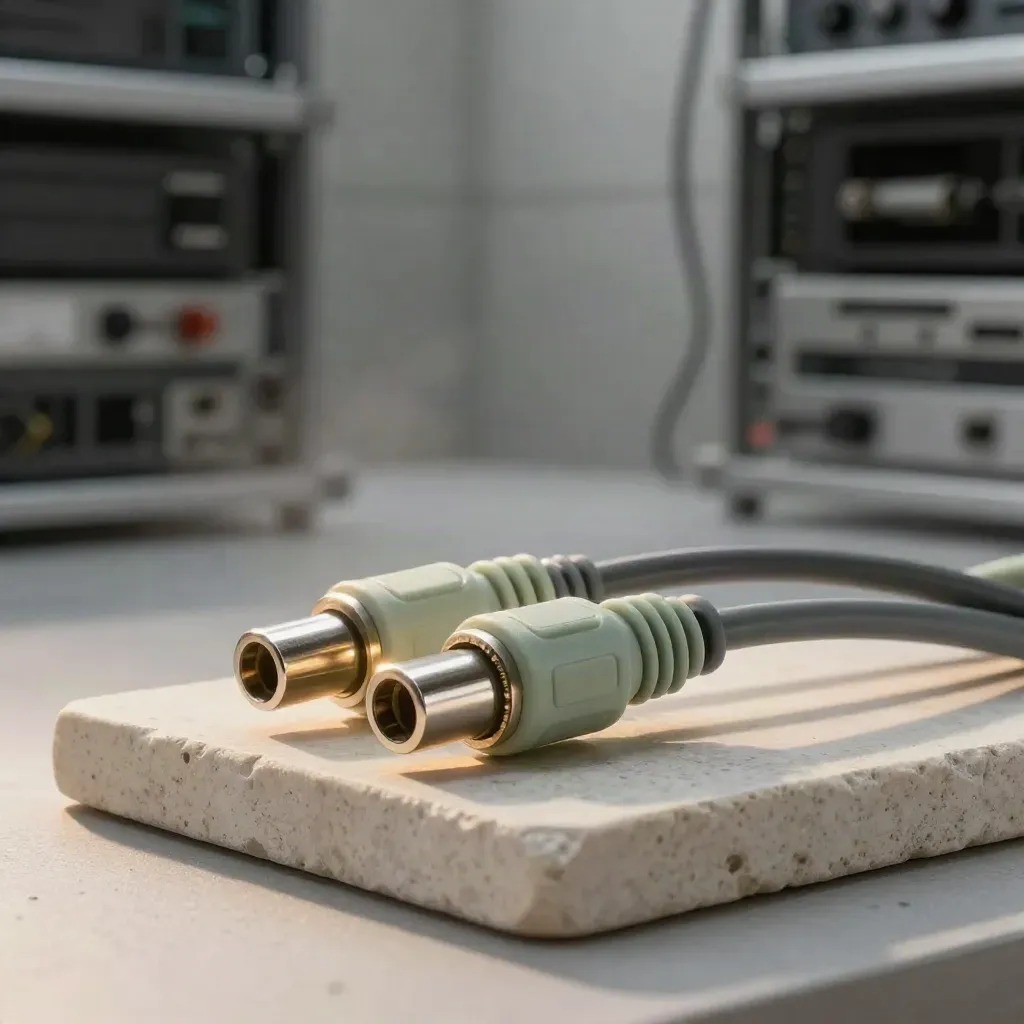 Fiberkuppler, Patchkabel und Relaisblock auf hellem Steinsockel im weichen Studiolicht